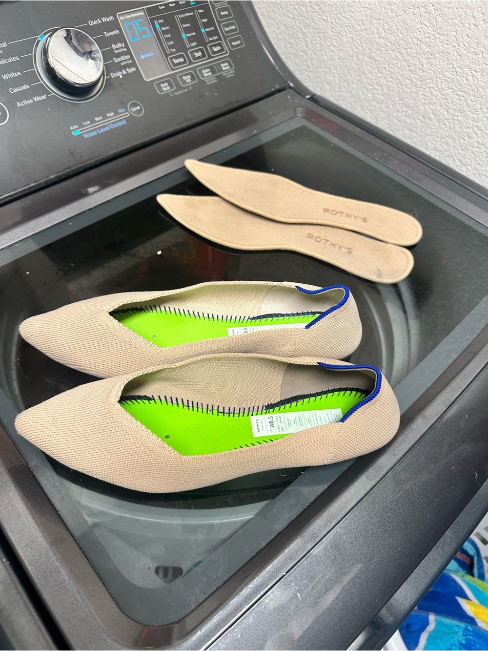 Rothy's Beige Pointed Knit Flats with Neon Green Insole